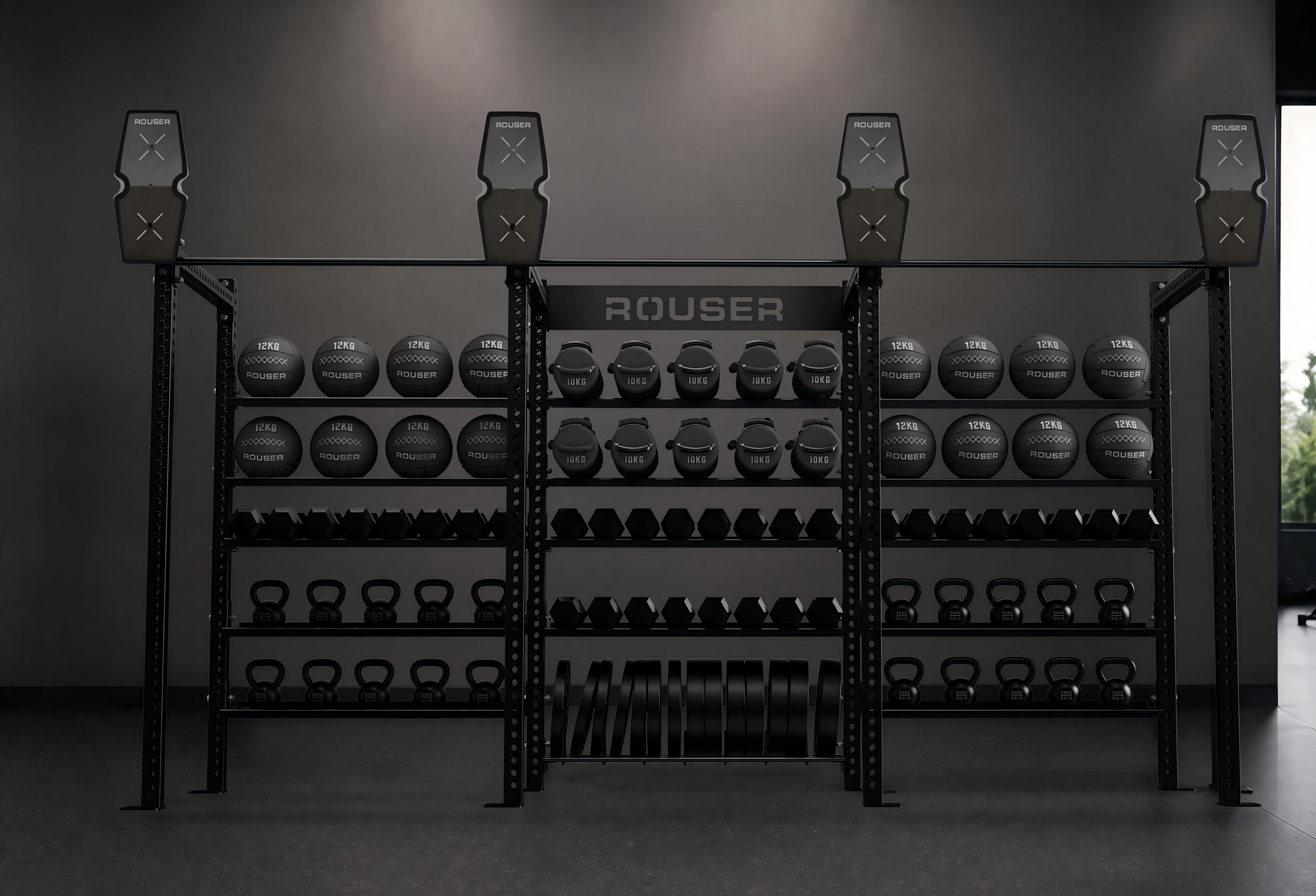 ROUSER strength training rack with medicine balls and dumbbells